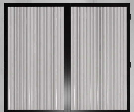 Reeded glass texture on a twin-panel pivot door