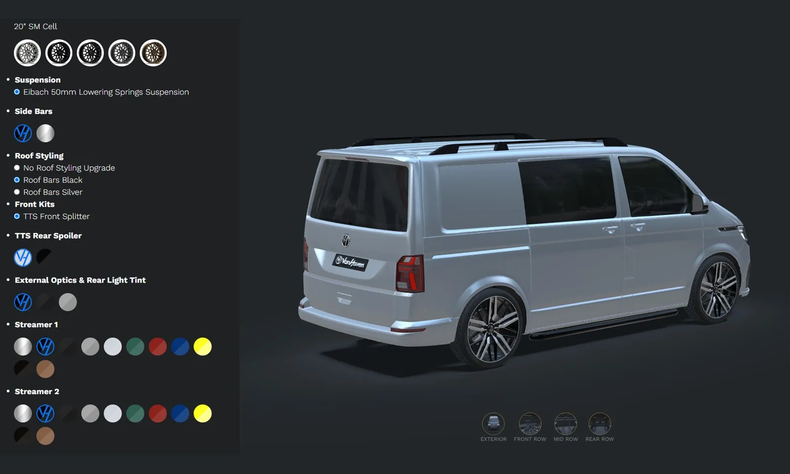 Screenshot of the VanHaven configurator showing a white VW Transporter from the rear with exterior options — alloy wheels, suspension, roof bars, and body kit selections — in the left panel