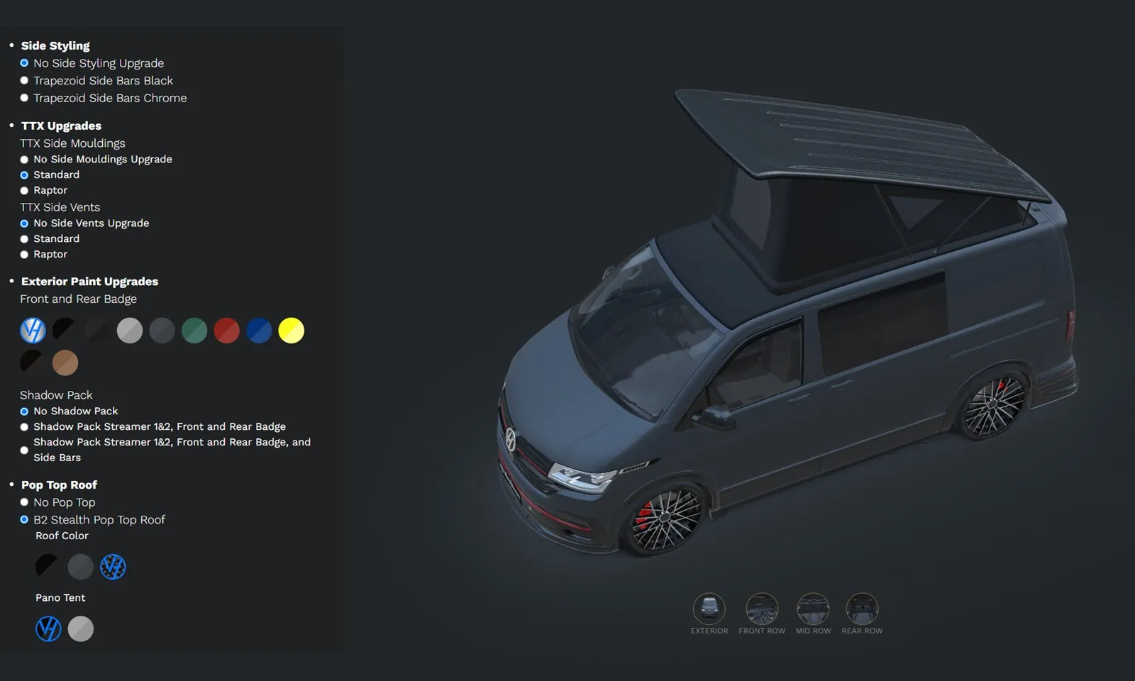 Screenshot of the VanHaven configurator in dark mode showing a dark grey VW Transporter with pop top roof open and exterior styling options in the left panel